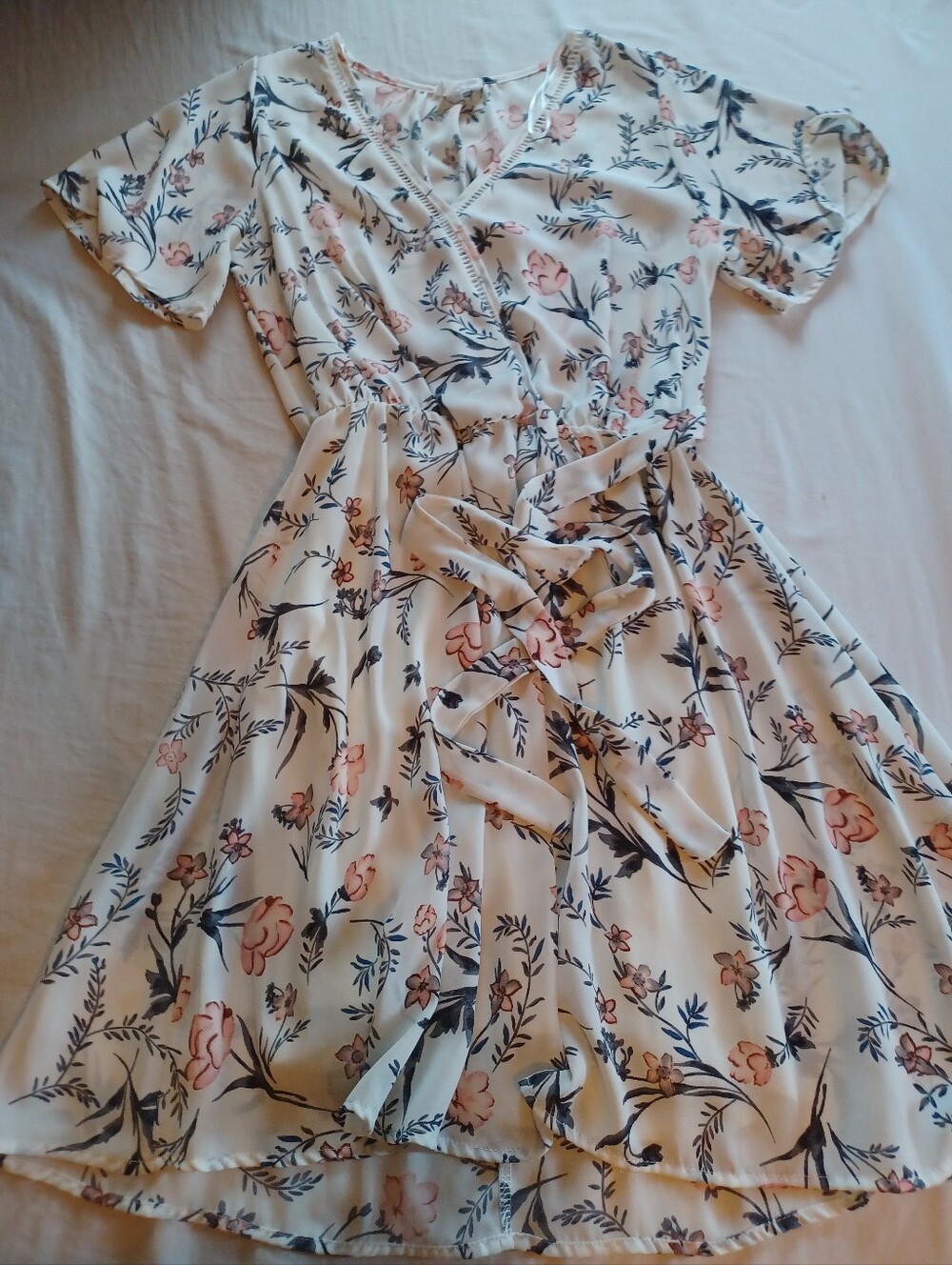 SIENNA SKY - Floral Wrap Midi Dress in Cream and Pink